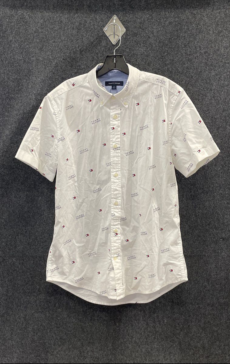 Tommy Hilfiger Men's White Short Sleeve Button Down Logo All Over Print Shirt M