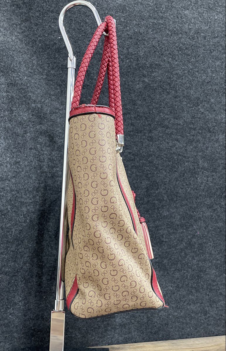 Guess 1981 Brown Red Leather Monogram Tote Bag Braided Handles Tassel Large