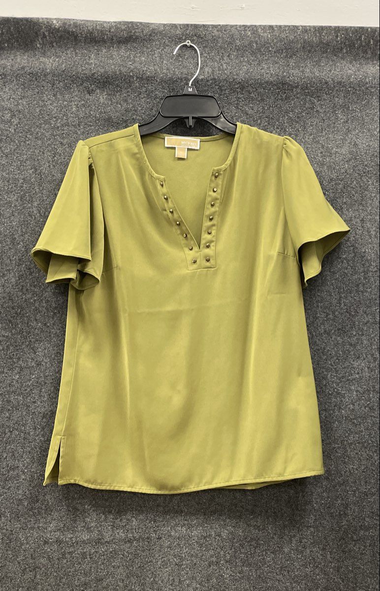 Michael Kors Women's Olive Green Studded V-Neck Flutter Sleeve Blouse Sz M