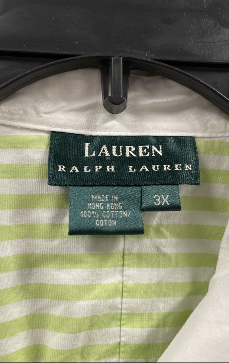 Lauren Ralph Lauren Women's Green White Striped Contrast Collar Cotton Shirt 3X