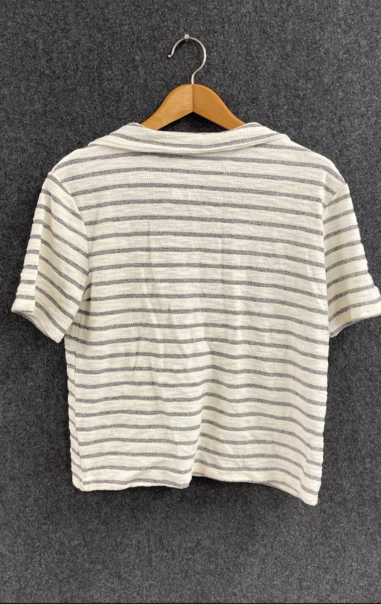 Double Zero Women's White Gray Striped Collared Textured Top Shirt Sz L NWT