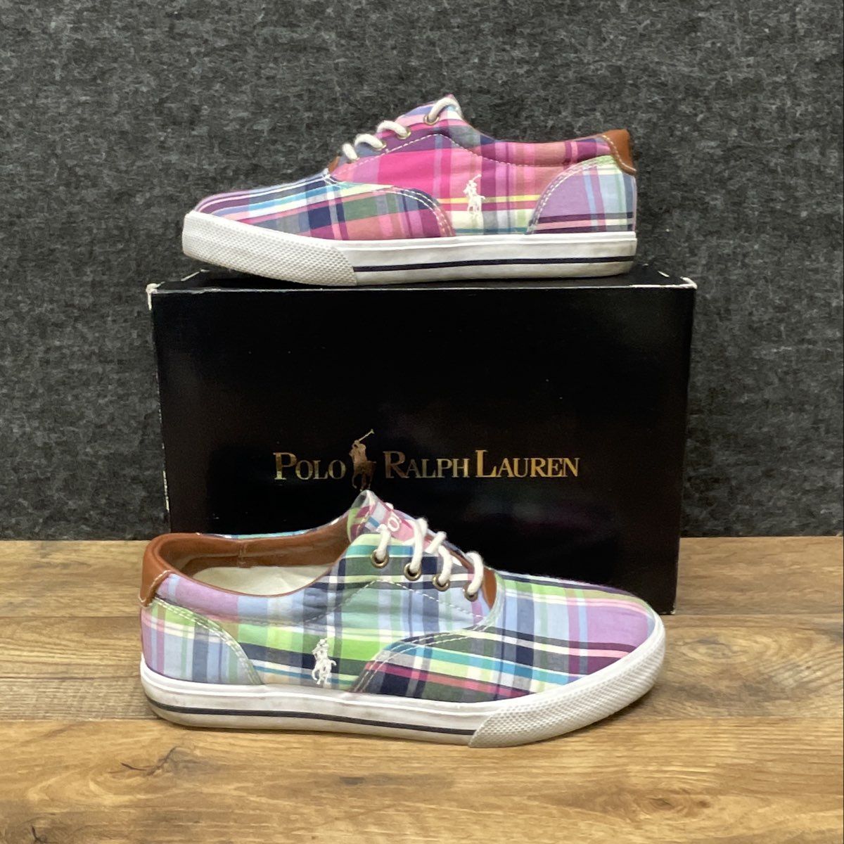 Polo Ralph Lauren Vaughn Pink Multi Plaid Canvas Sneakers Size 5.5 Junior