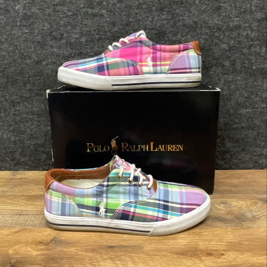 Polo Ralph Lauren Vaughn Pink Multi Plaid Canvas Sneakers Size 5.5 Junior