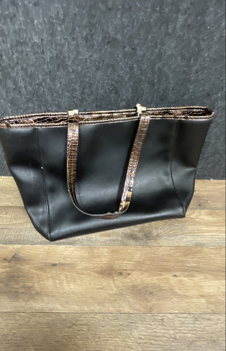 Anne Klein Black & Brown Crocodile Embossed Lion Head Logo Large Tote Bag