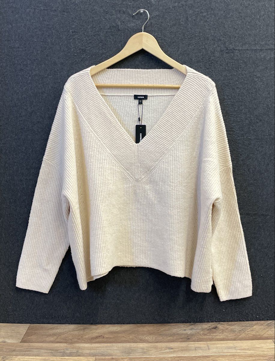 Express Women's Ivory Ribbed V-Neck Oversized Drop Shoulder Sweater NWT Sz L