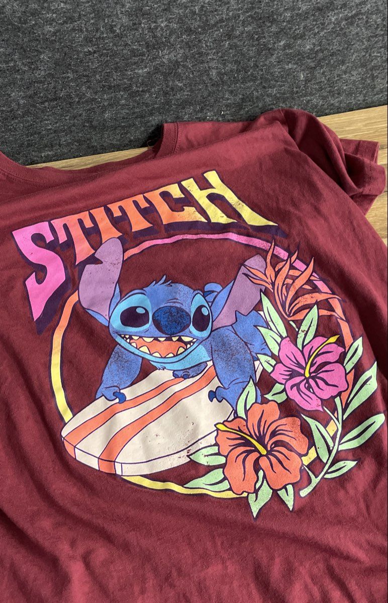Disney Stitch Maroon Surfing Hibiscus Graphic T-Shirt Sz XL