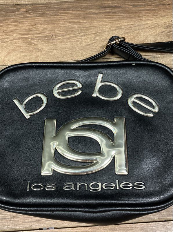 bebe Black Faux Leather Camera Crossbody Bag Gold Logo Rhinestone Charm