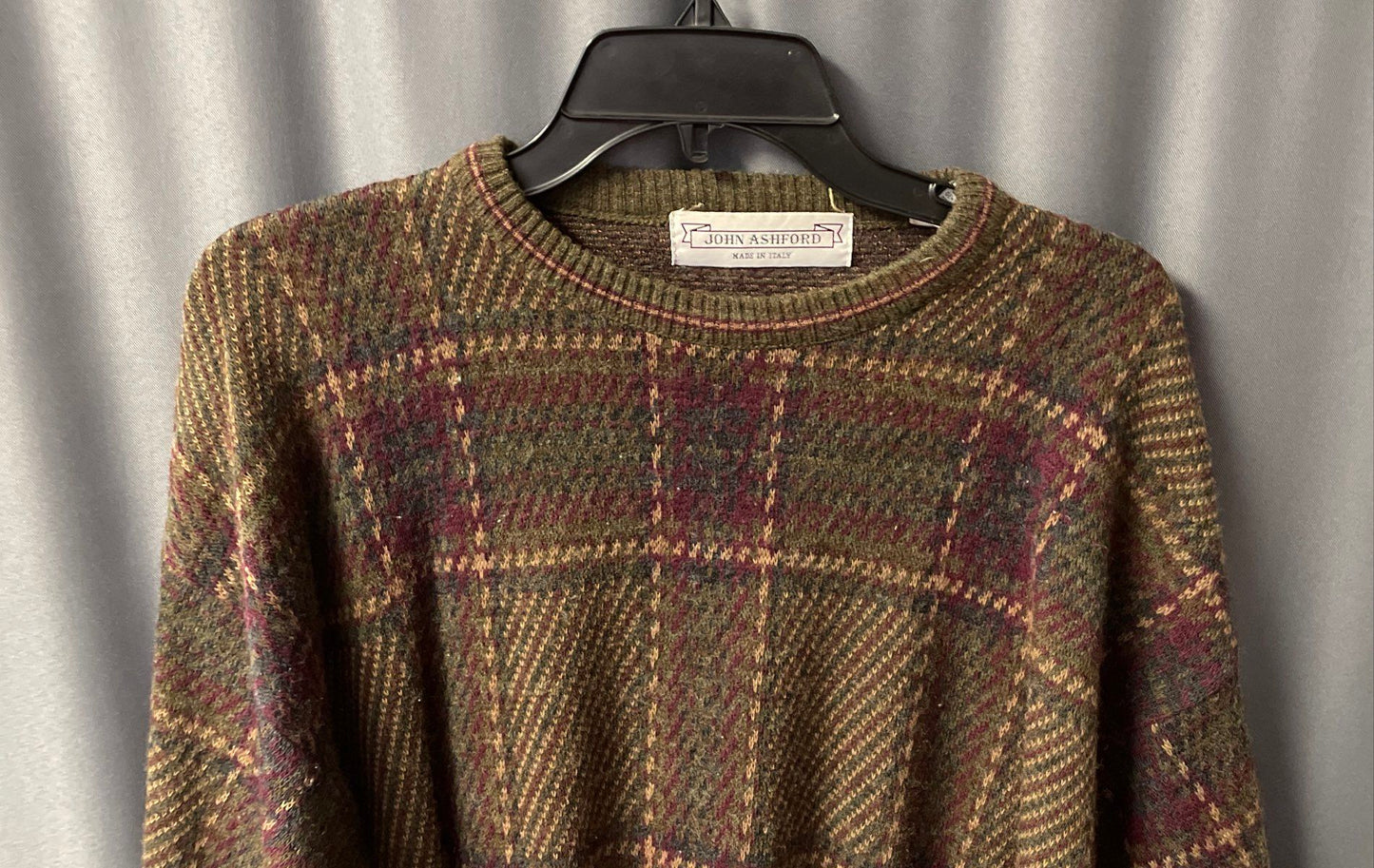 Vintage 90s John Ashford Men's Green Plaid Wool Blend Sweater Made Italy Sz L