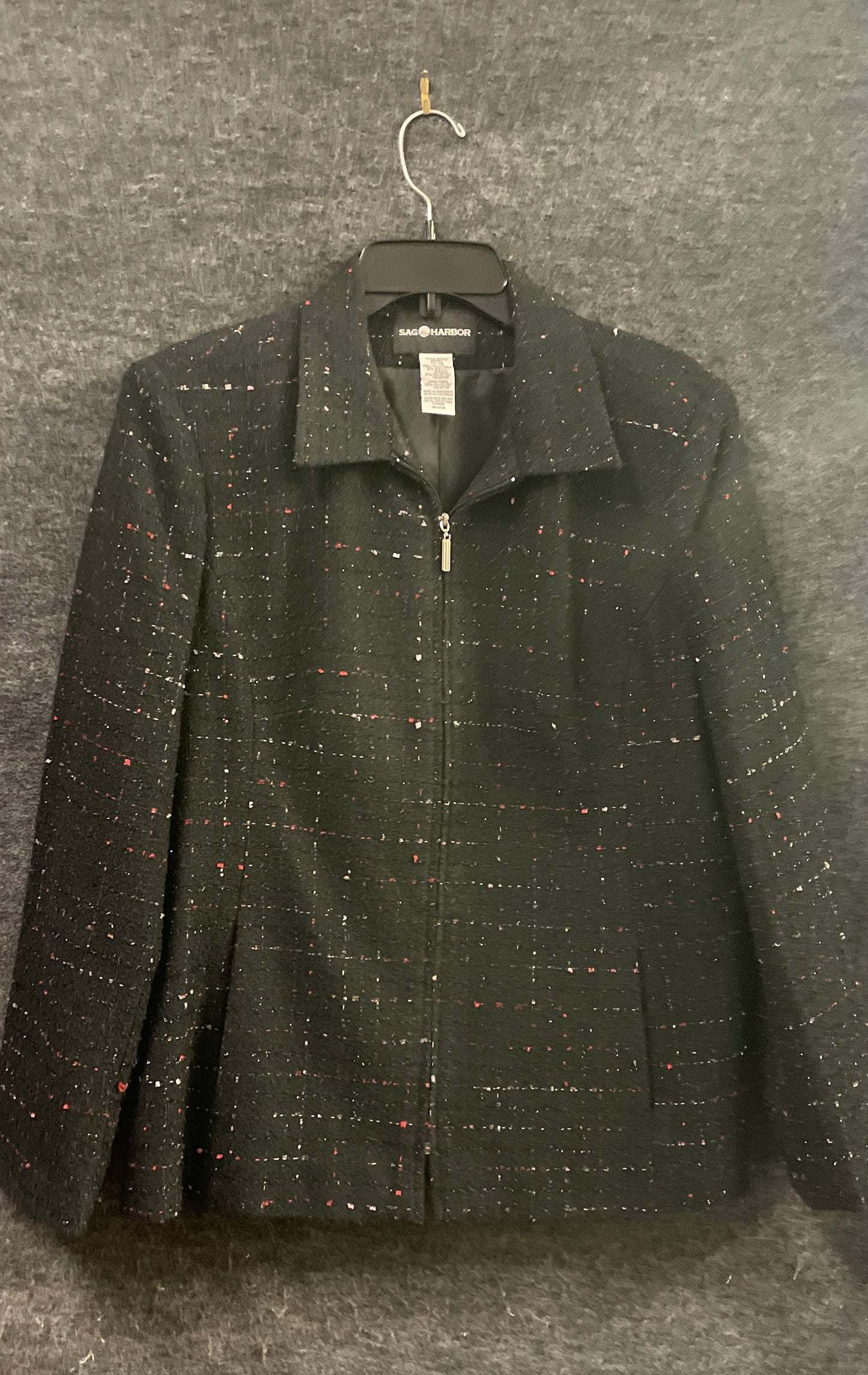 Vintage Y2K Sag Harbor Women's Black Red White Fleck Full Zip Jacket Coat Sz 14