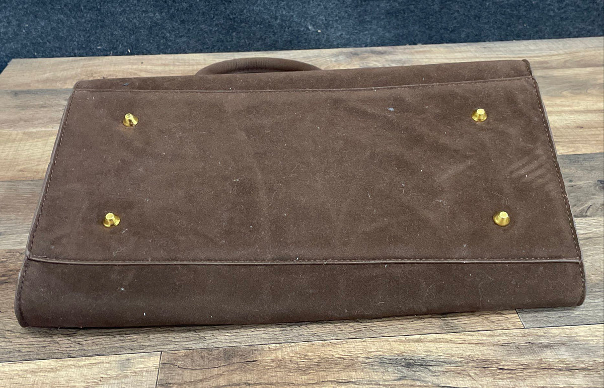 Brown Faux Suede Large Satchel Tote Handbag Gold Tone Hardware