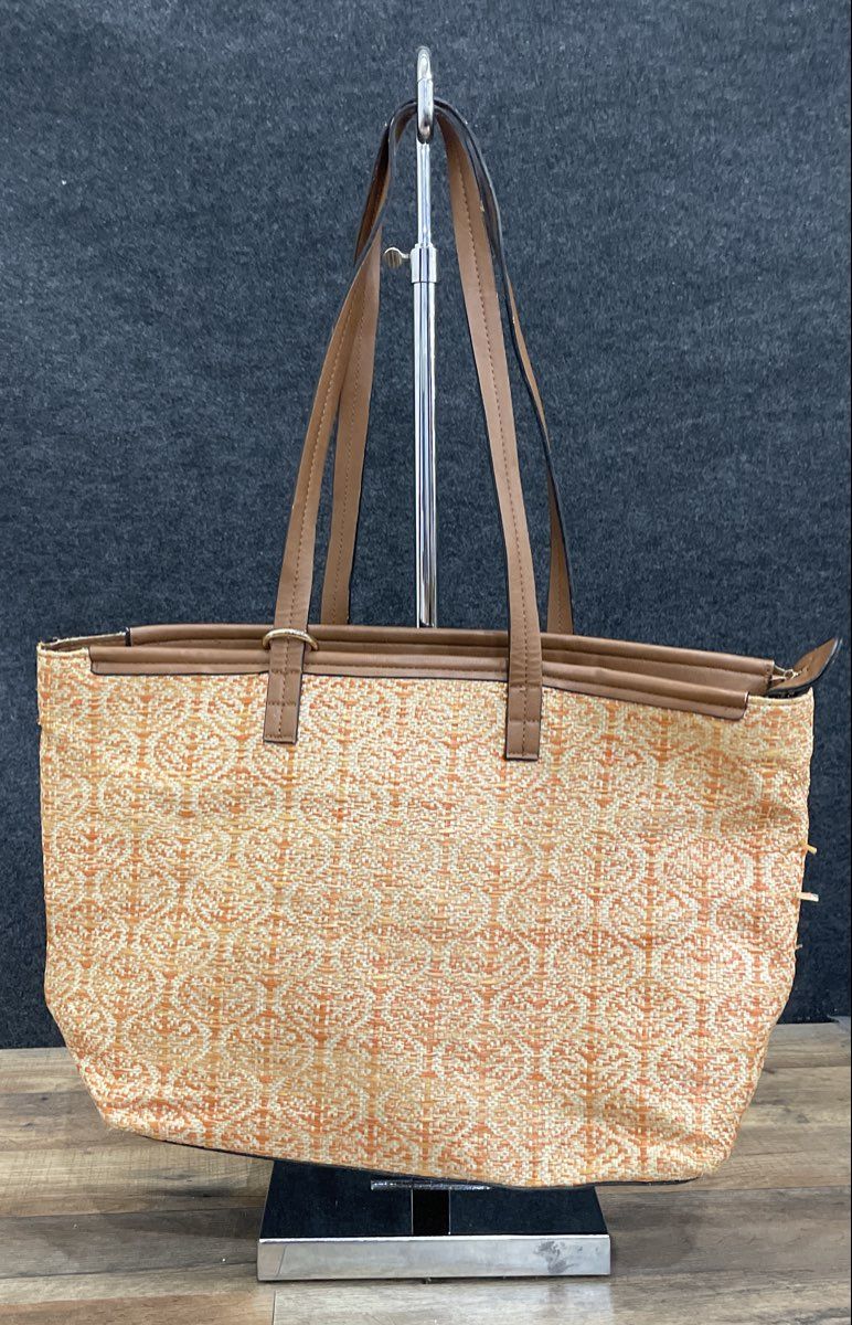 Unbranded Orange Tan Woven Wicker Large Tote Bag Shoulder Bag Herringbone