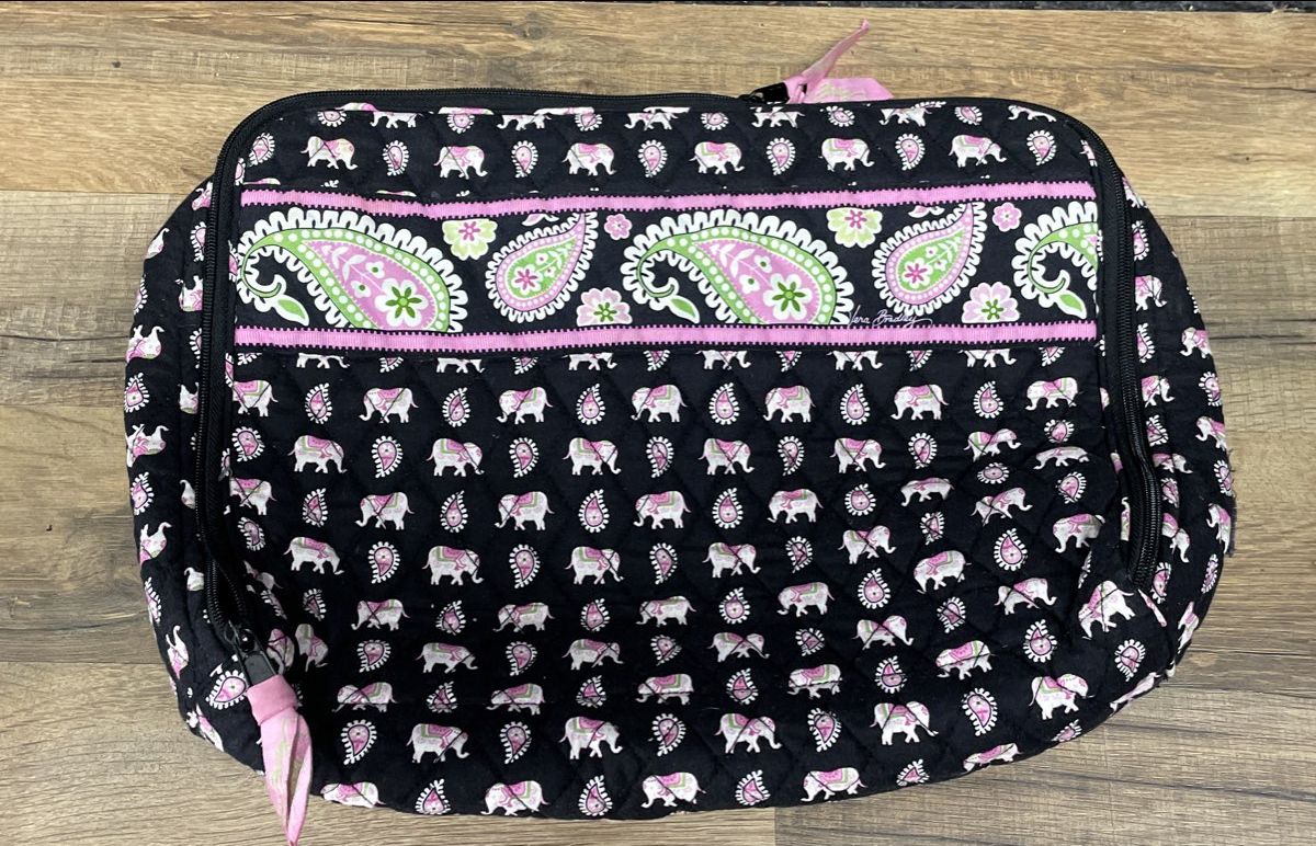 Vera Bradley Black Pink Elephant Paisley Quilted Large Cosmetic Travel Bag