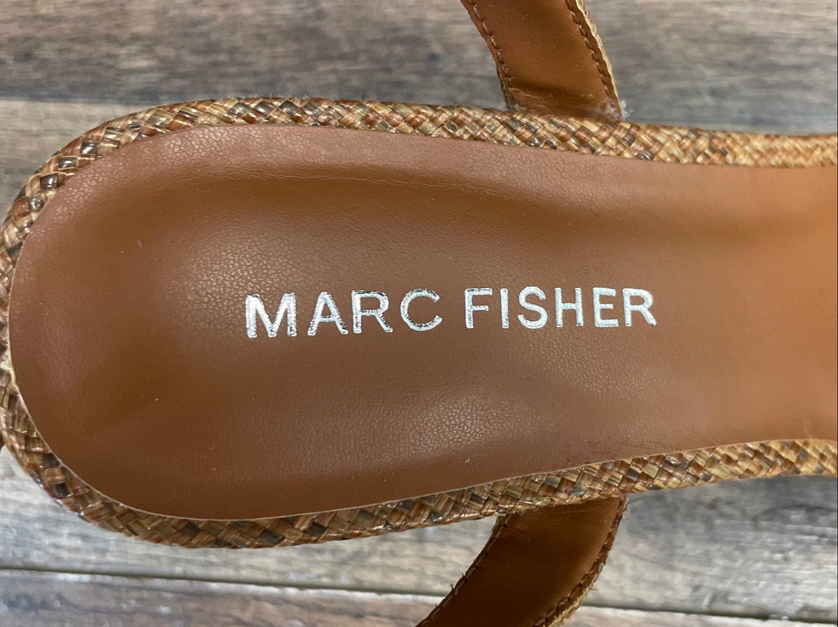 Marc Fisher Woven Raffia Platform Block Heel Sandals Women's Tan Size 6.5