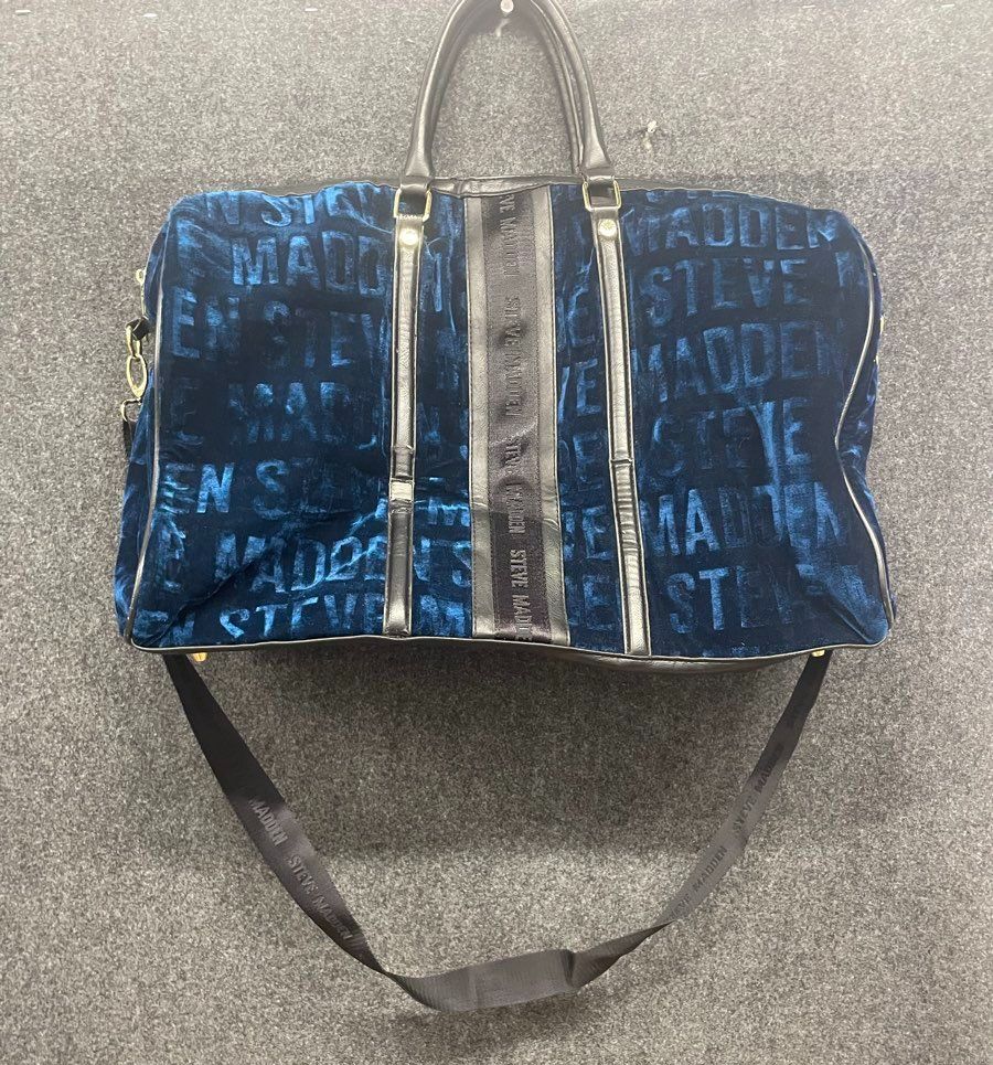 Steve Madden Royal Blue Velvet Logo Weekender Duffel Bag Travel Gold Hardware
