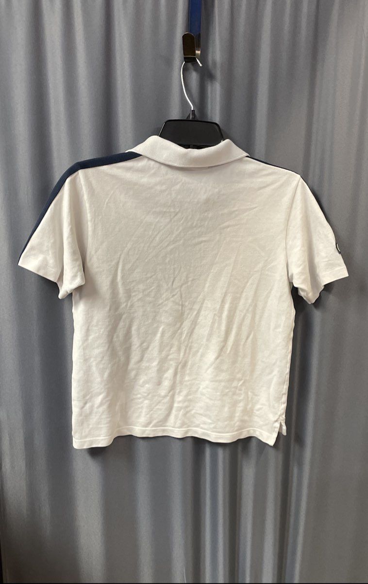 Lacoste Boys White Cotton Pique Polo Shirt Navy Blue Shoulder Stripe Logo Sz 14