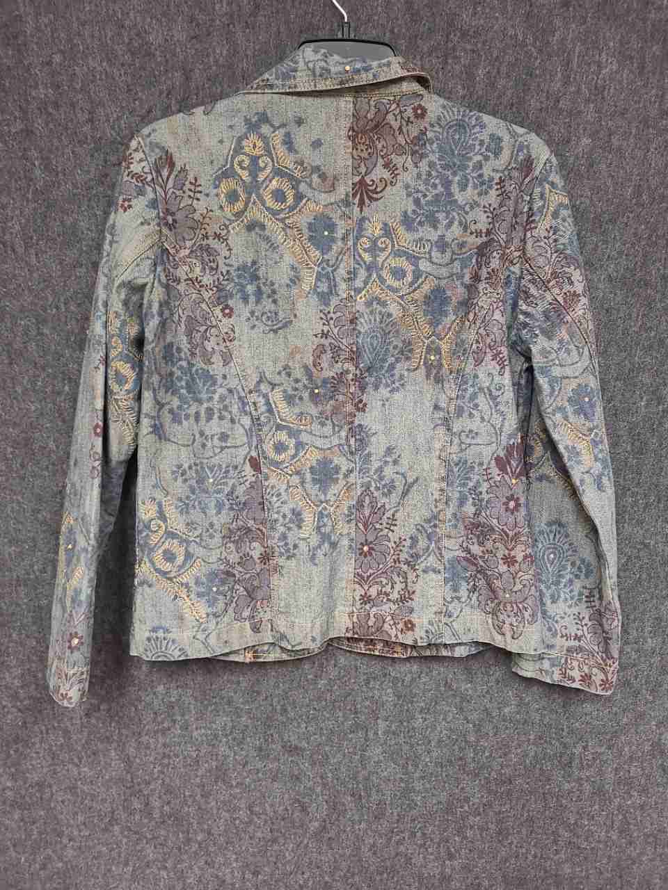 Chico's Women's Blue Paisley Tapestry Jacket Beaded Clasp Metallic Sz 1