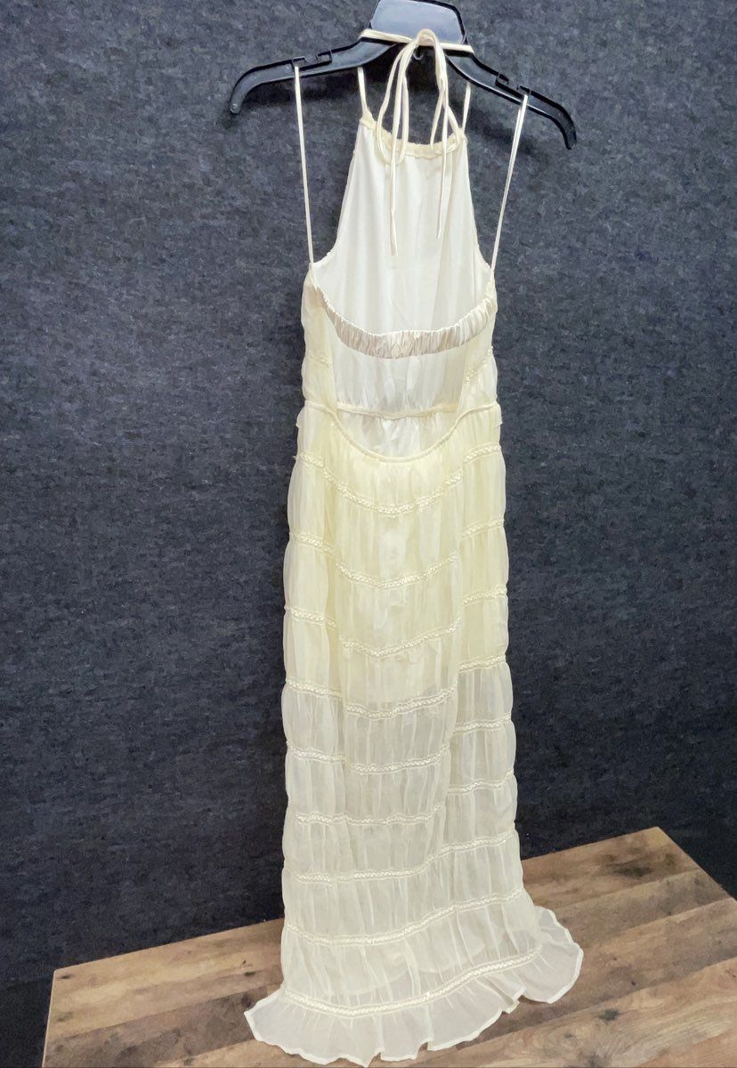Sincerely Jules Women's Jules Tiered Ruffle Halter Maxi Dress Cream Size S NWT