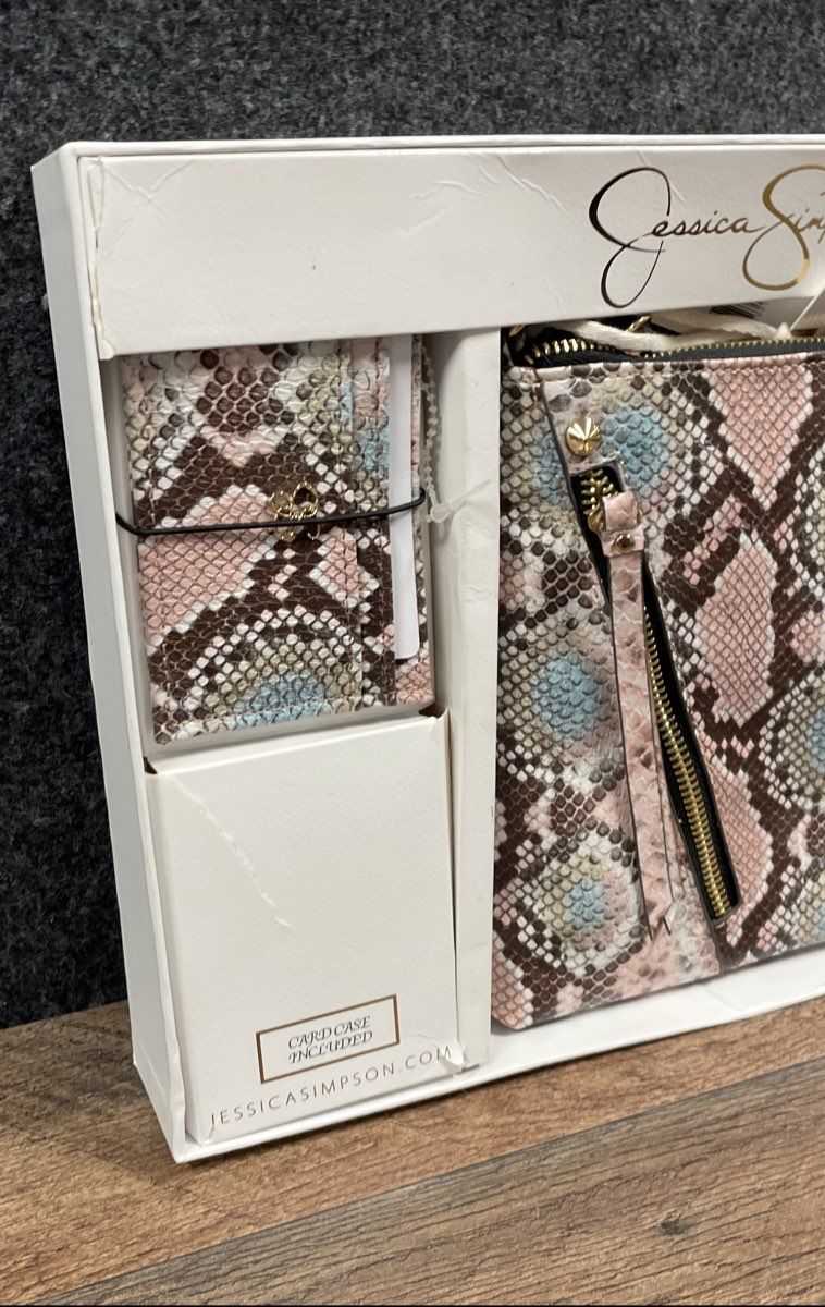 NWT Jessica Simpson Pink Blue Snakeskin Clutch Pouch & Card Case Wallet Set