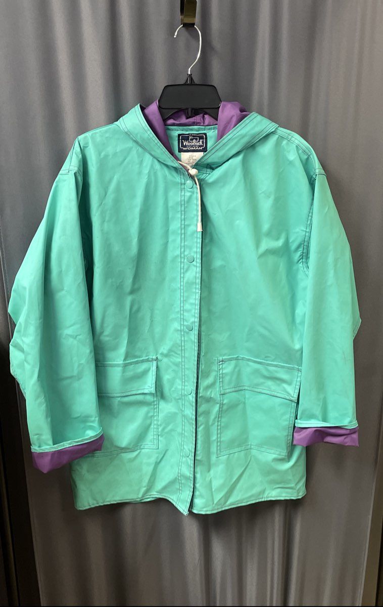 Vintage 90s Woolrich Women's Surf Green PVC Hooded Raincoat Jacket Purple Sz L