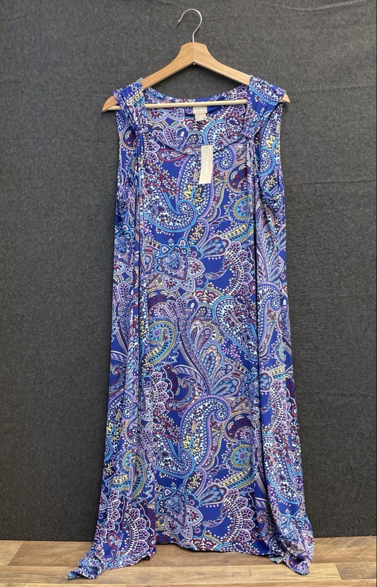 Chico's Women's Blue Colorful Paisley Sleeveless Midi Dress Stretch Sz 3 NWT