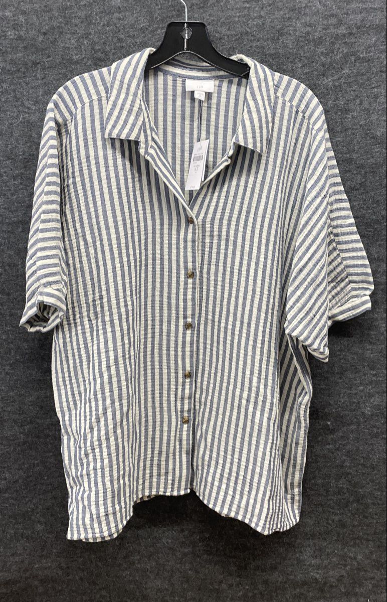 J. Jill Women's Ink Blue White Striped Textured Button Up Shirt Sz XLT NWT