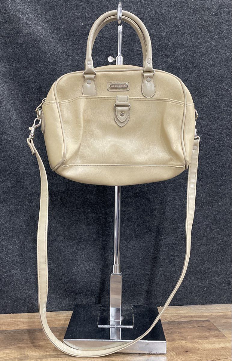 Vintage Liz Claiborne Cream Pebbled Leather Satchel Crossbody Bag Silver Tone