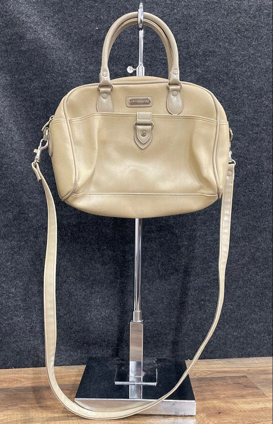 Vintage Liz Claiborne Cream Pebbled Leather Satchel Crossbody Bag Silver Tone