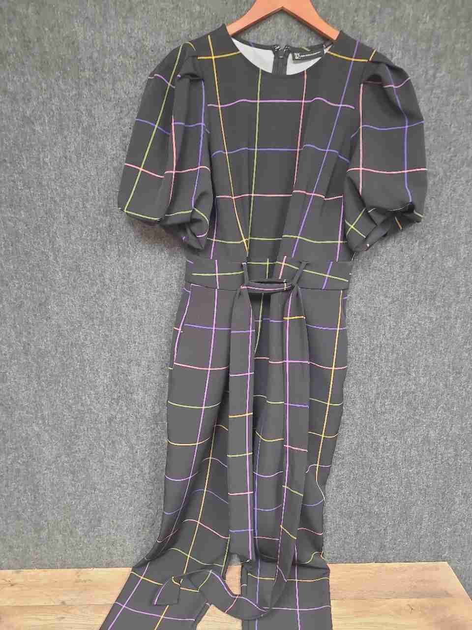 New York & Co Women's Black Multicolor Grid Plaid Puff Sleeve Jumpsuit Sz L