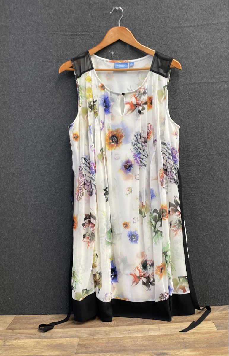 Simply Vera Wang Women's Floral Pleated Sleeveless Dress White Black Sz L