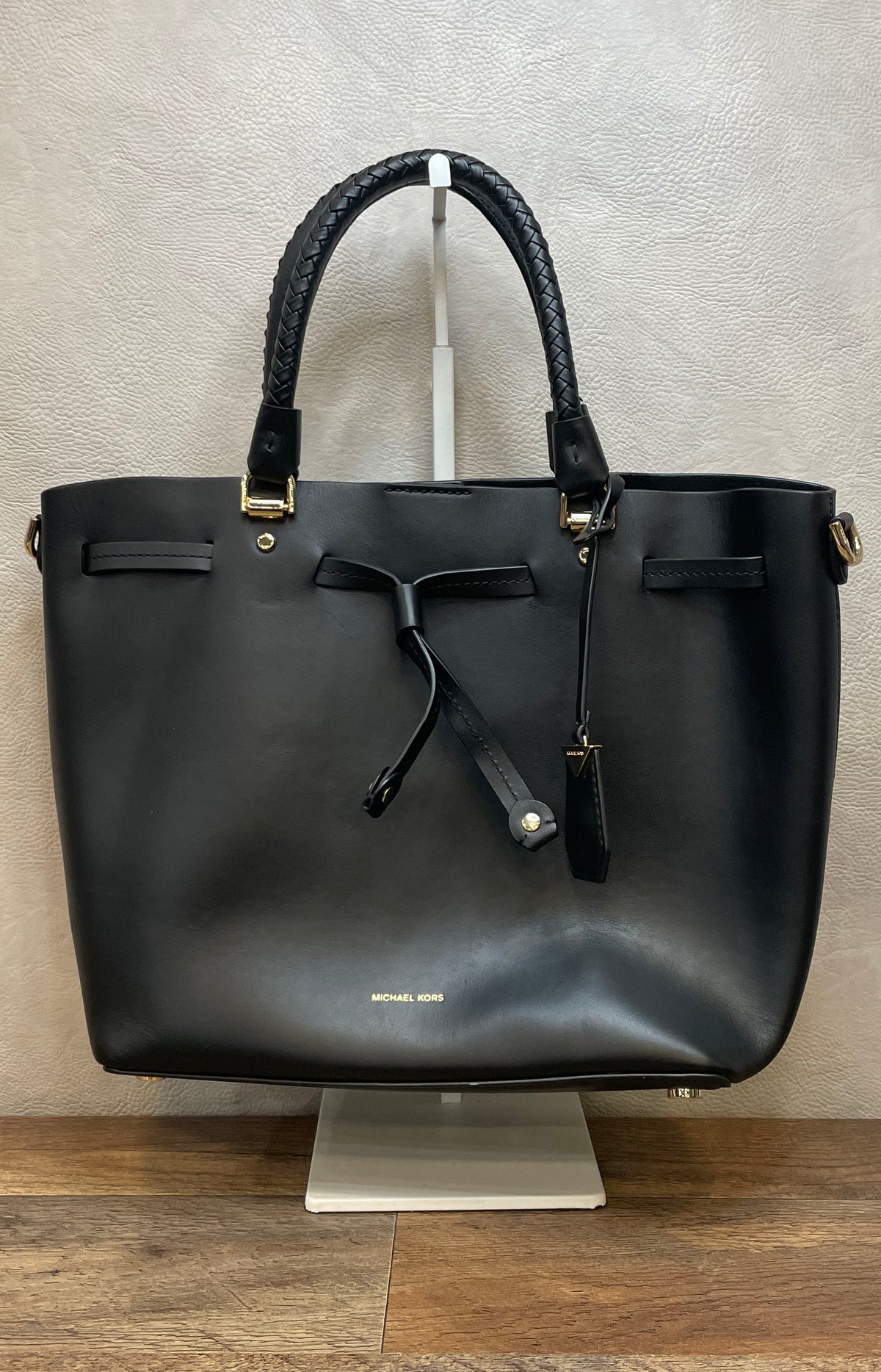 Michael Kors Black Leather Satchel Tote Bag Braided Handles Gold Hardware