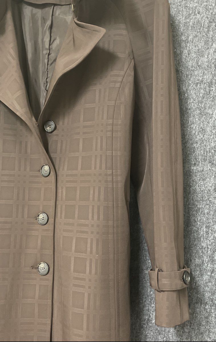 Hilary Radley Women's Chocolate Brown Tonal Plaid Belted Trench Coat Sz L