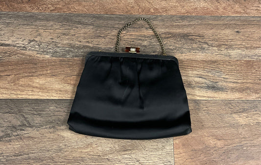 Vintage Ande Black Satin Evening Bag Clutch Gold Chain Amber Clasp Mirror