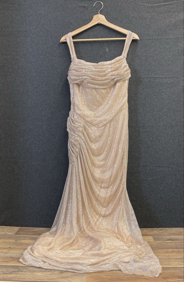 Ballbella Women's Rose Gold Sparkling Metallic Ruched Draped Gown NWT
