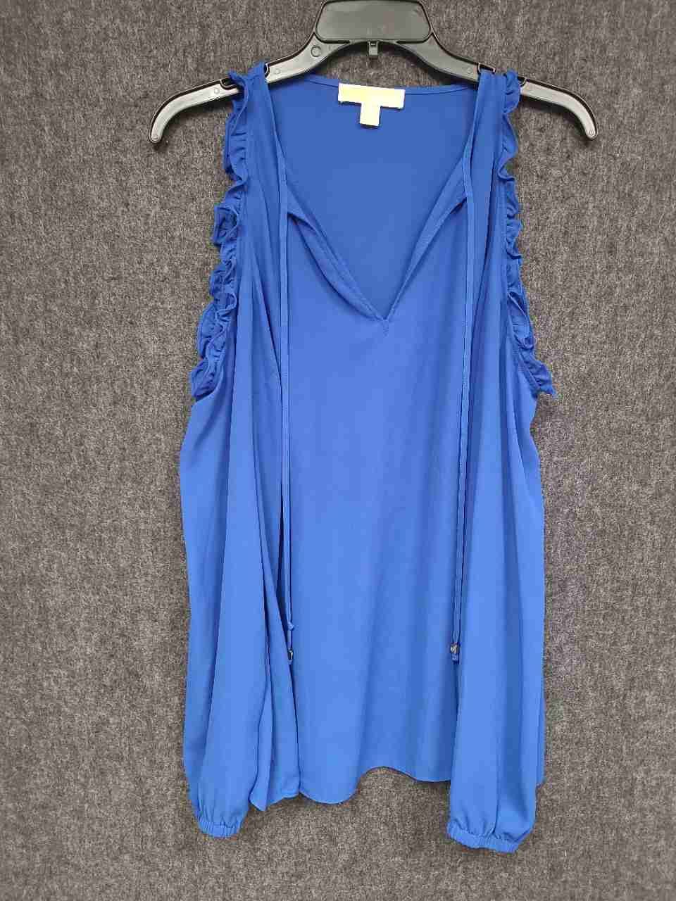 Michael Kors Women's Blue Cold Shoulder Ruffle Tie Neck Blouse Sz L