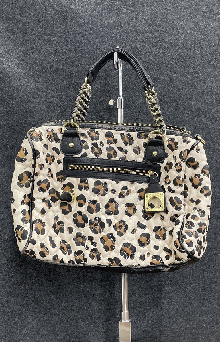 Betsey Johnson White Leather Leopard Quilted Satchel Bag Gold Hardware