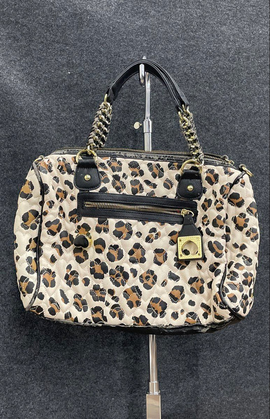 Betsey Johnson White Leather Leopard Quilted Satchel Bag Gold Hardware