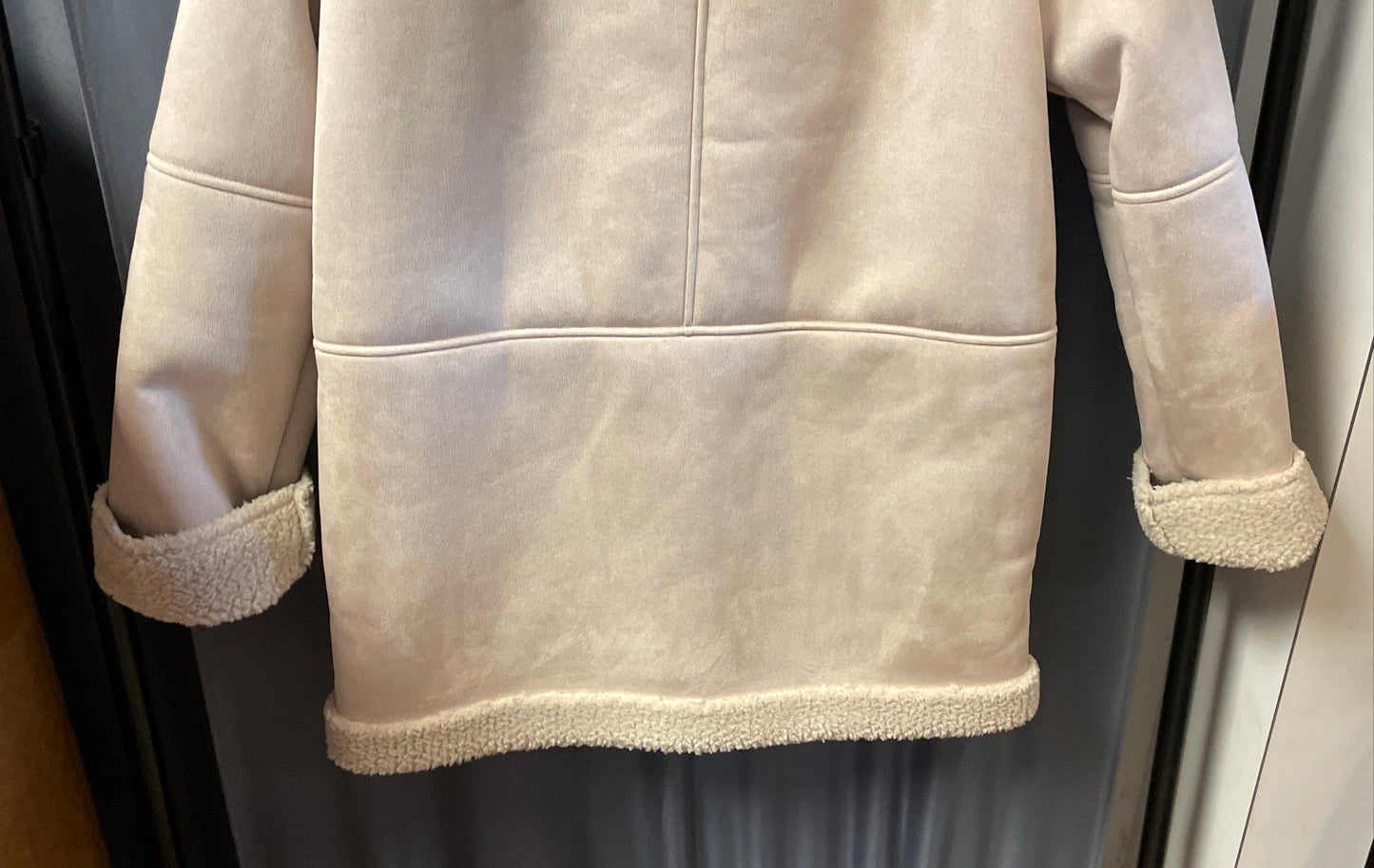 Calvin Klein Women's Faux Shearling Coat Cream Beige Suede Mid Length Sz L