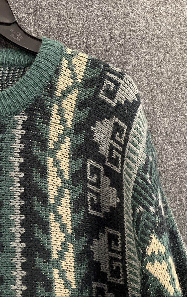 Vintage 90s S.W. Casuals Men's Green Geometric Acrylic Crewneck Sweater Sz LT