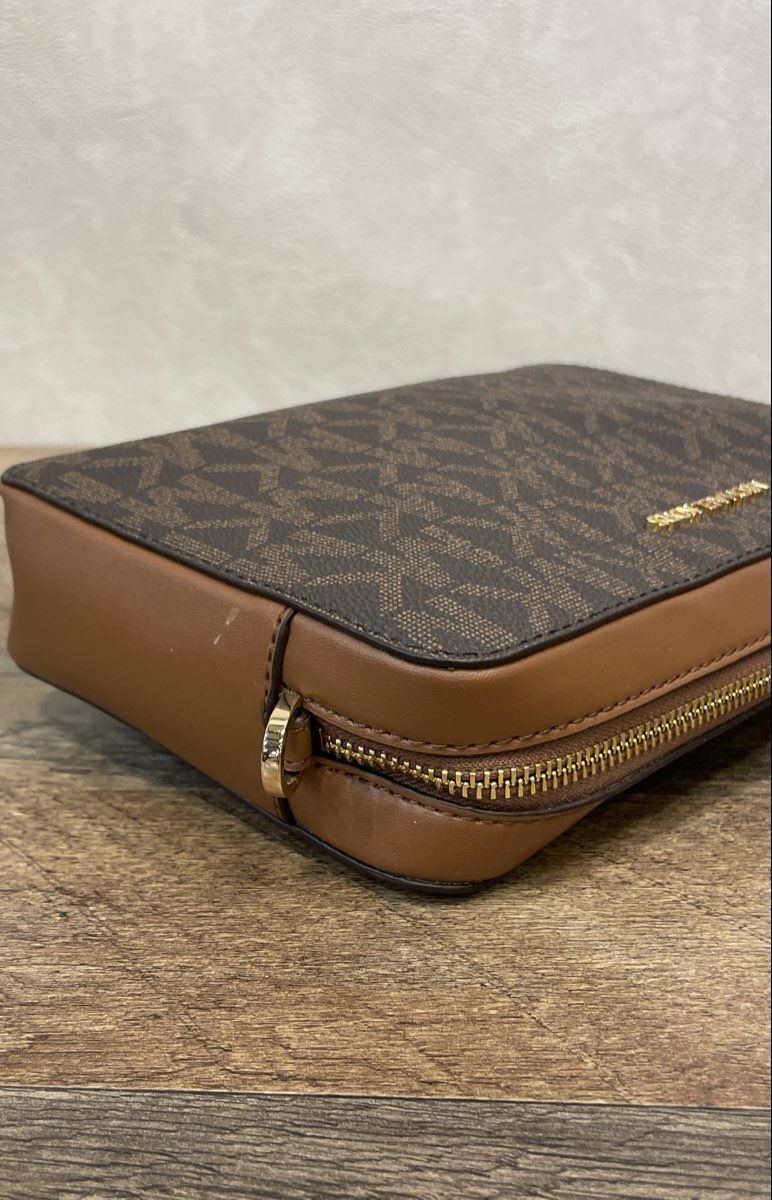 Michael Kors Brown Logo Jet Set Large Crossbody Camera Bag Gold Hardware