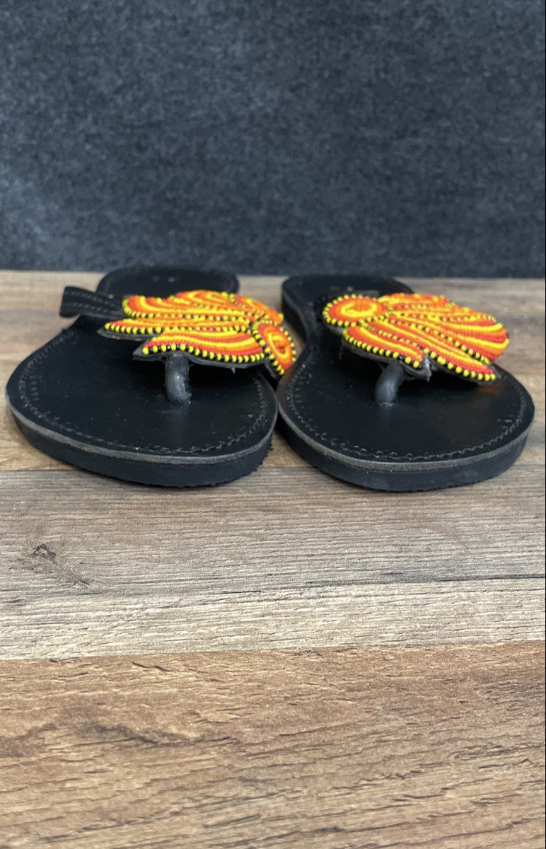 Handmade Beaded Leather Thong Sandals Black Yellow Red Orange Size 40