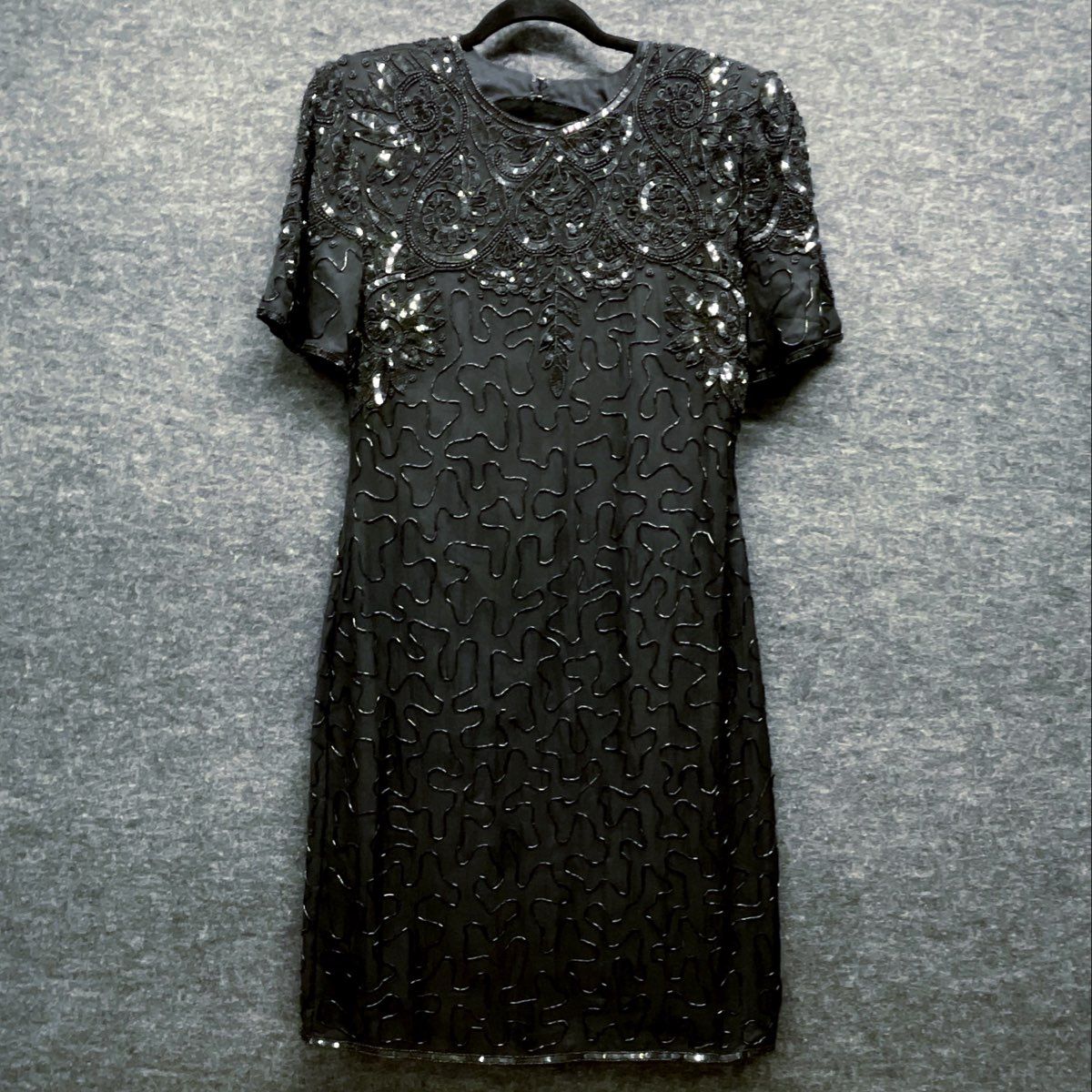 Vintage 90s Women's Black Beaded Sequined Cocktail Dress Keyhole Back