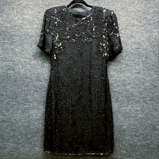 Vintage 90s Women's Black Beaded Sequined Cocktail Dress Keyhole Back