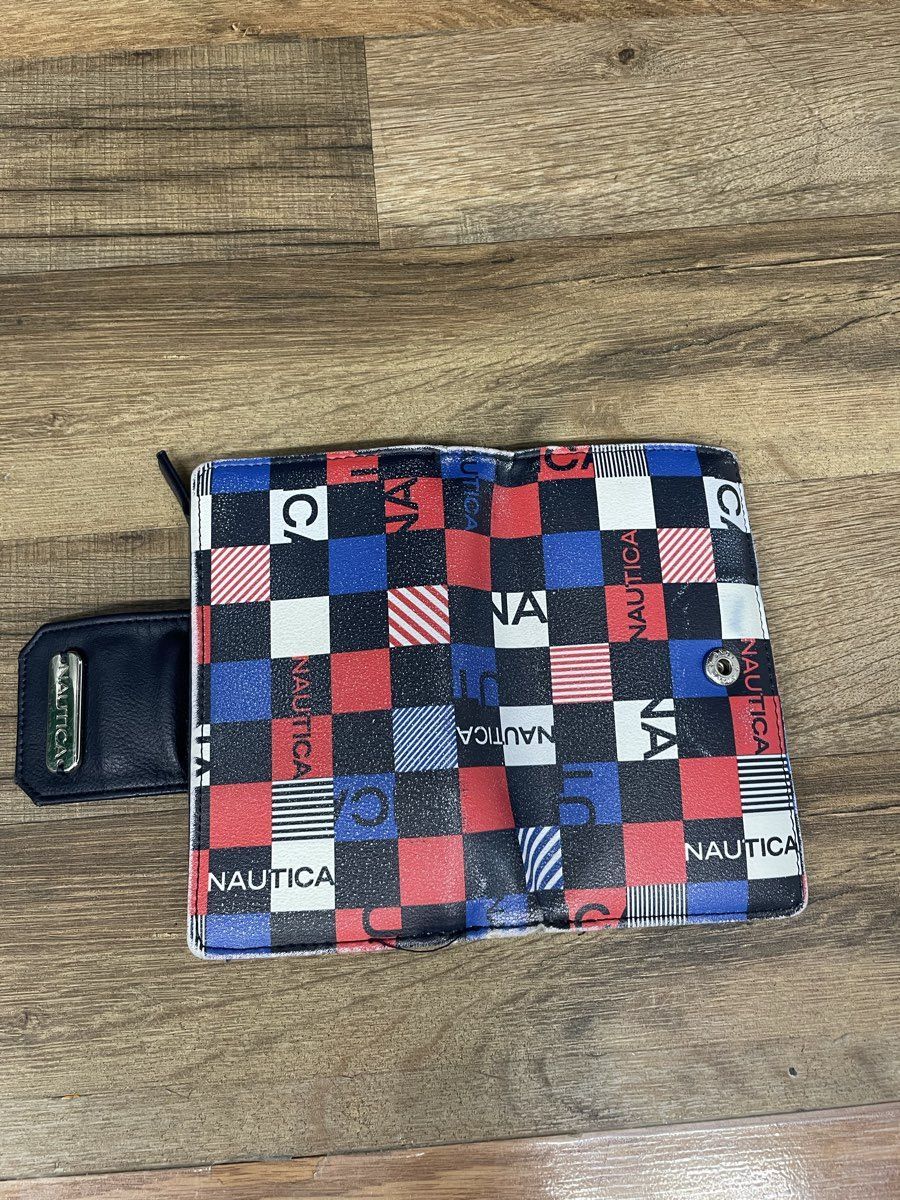 Nautica Red Blue Checkered Logo Bifold Wallet RFID Protection Navy Blue