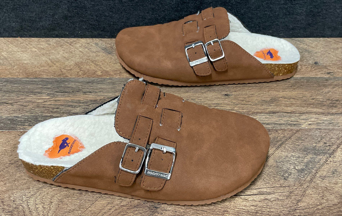 Rocket Dog Brown Faux Suede Shearling Lined Double Buckle Clogs Women's Size 10