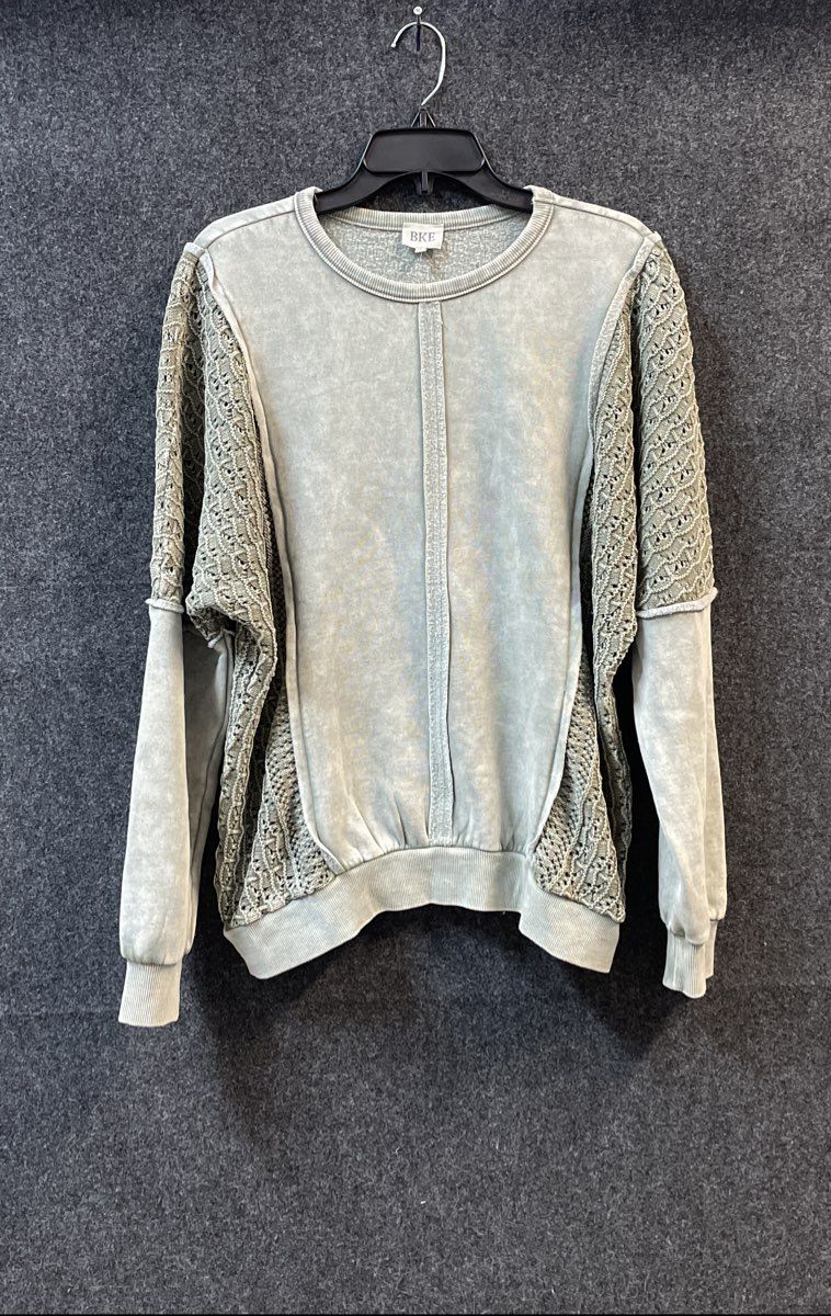 BKE Women's Dusty Olive Crochet Knit Mixed Media Crewneck Sweater Sz S NWT