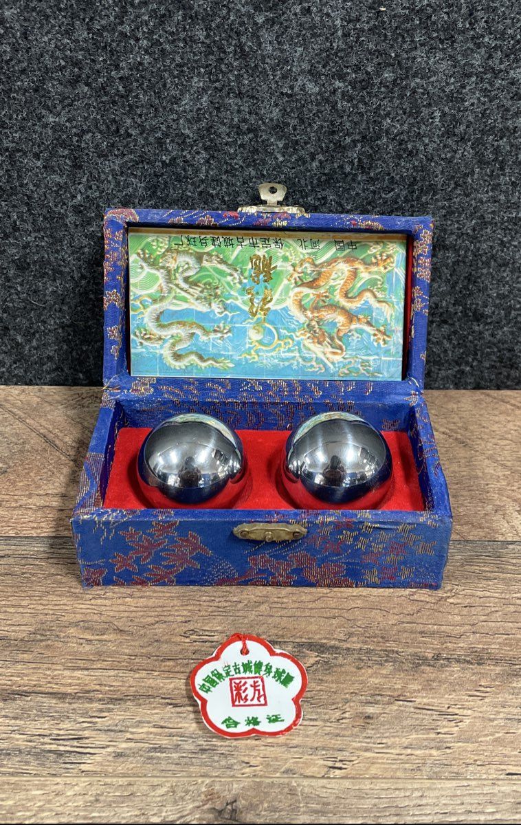 Vintage Chinese Baoding Health Balls Metal Chime Dragon Brocade Box Complete