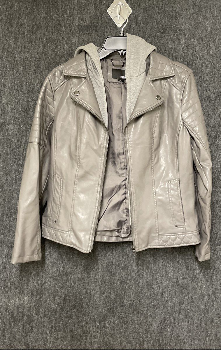 a.n.a Women's Gray Faux Leather Moto Jacket with Hoodie Size M