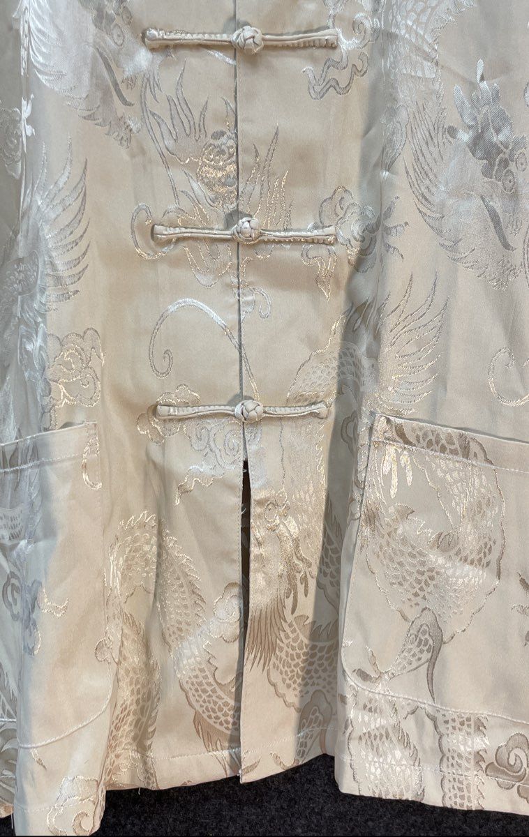 CNNIC Men's Tang Suit Cream Dragon Jacquard Short Sleeve Frog Button Sz 3XL