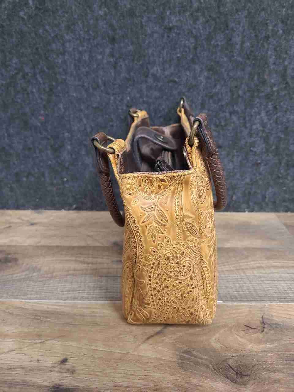 Relic Tan Paisley Embossed Faux Leather Shoulder Bag Braided Handles Handbag