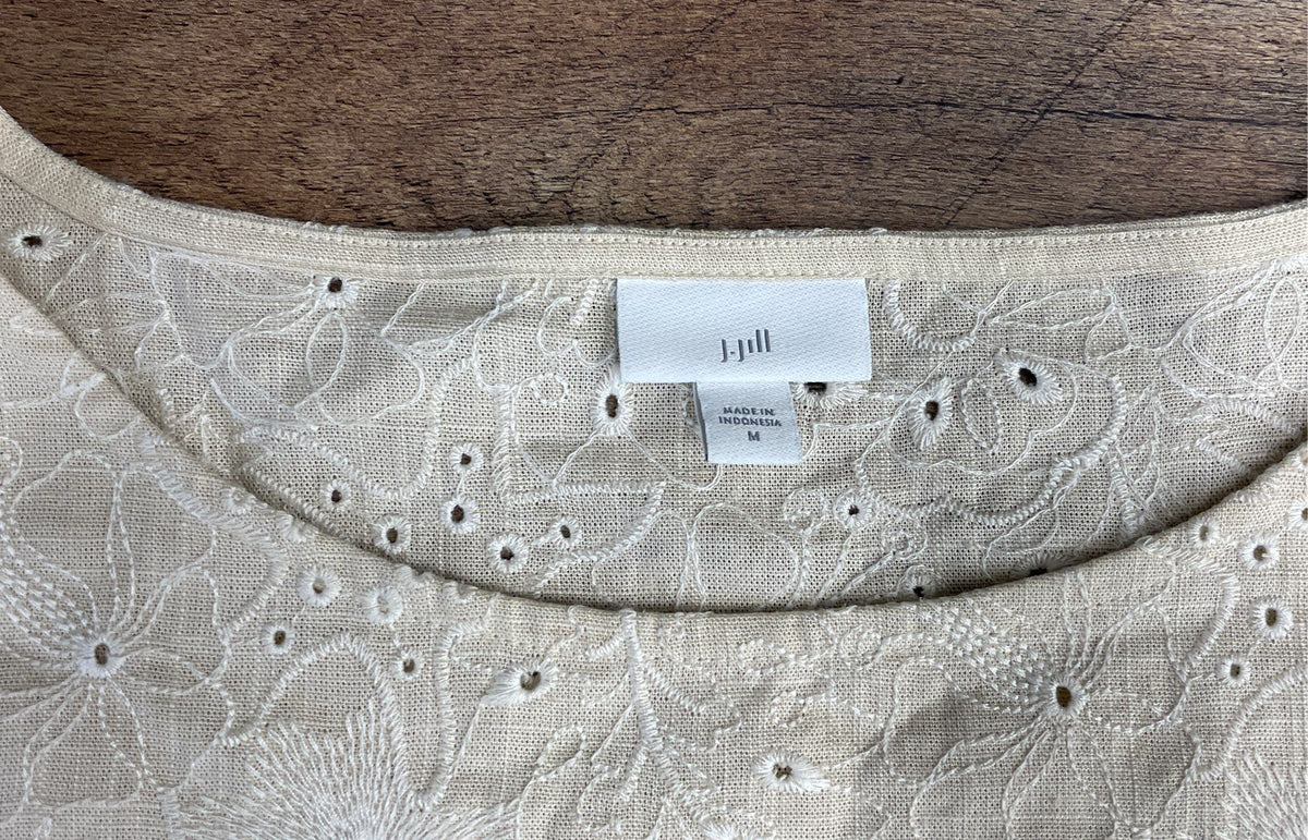 J. Jill Women's Cream Linen Blend Eyelet Short Sleeve Embroidered Top Sz M